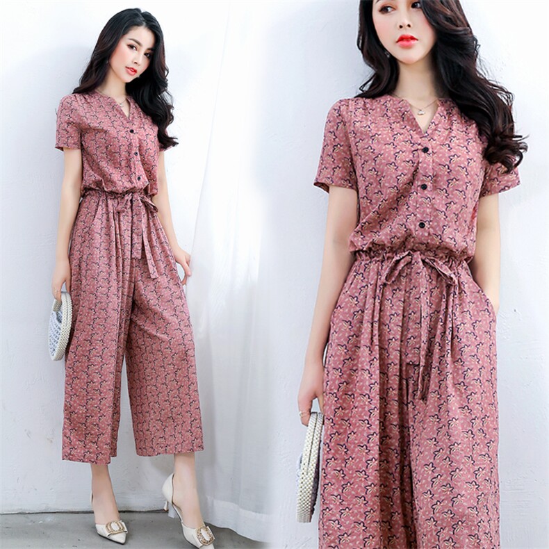 连体裤女夏2024新款韩版宽松收腰显瘦休闲棉麻碎花阔腿连衣裤，女装连衣裙，木橙西子