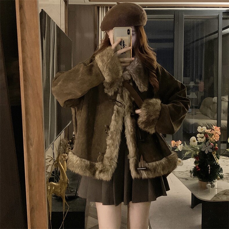 C914-P130毛绒麂皮外套女美拉德拼接宽松牛角扣翻领上衣,女装短外套,星座911-2(原星座613-2）