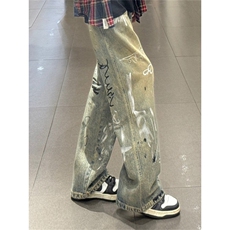 美式裤子男小众设计感复古黄泥色涂鸦牛仔裤宽松直筒裤NB217，男装牛仔裤，星座208-5