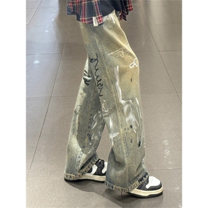 美式裤子男小众设计感复古黄泥色涂鸦牛仔裤宽松直筒裤NB217图片