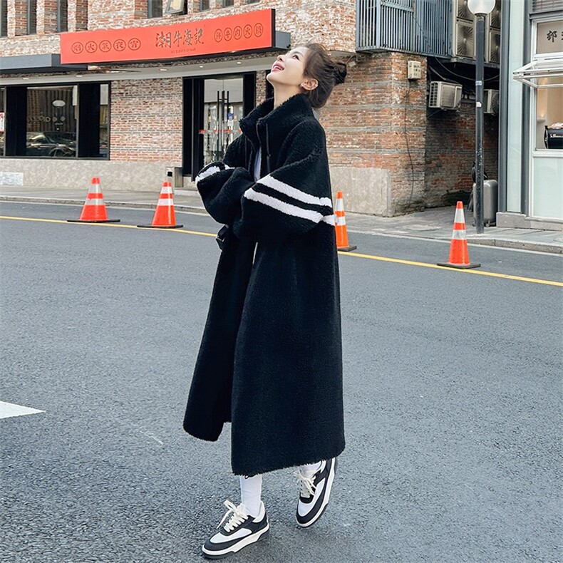 高级感炸街黑色皮毛一体羊羔毛外套女冬韩系中长款加厚颗粒绒大衣,女装羊羔毛/颗粒绒,菡迪欧娜