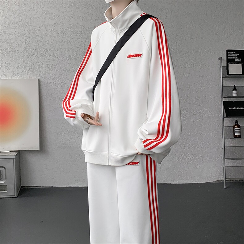 8XL-M条纹撞色开衫新年红卫衣运动套装潮牌运动服校园风TZ114P118图片