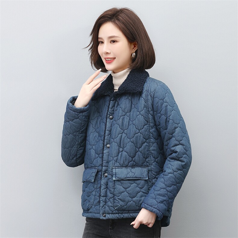 时尚女装牛仔拼接加绒外套宽松显瘦保暖棉服,女装棉衣/棉服,叶笙衣