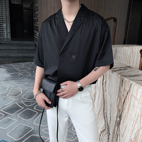 夏季男装高级感小众设计垂感禁欲系西装领短袖衬衫男潮CS299-P58,男装T恤,电商B267