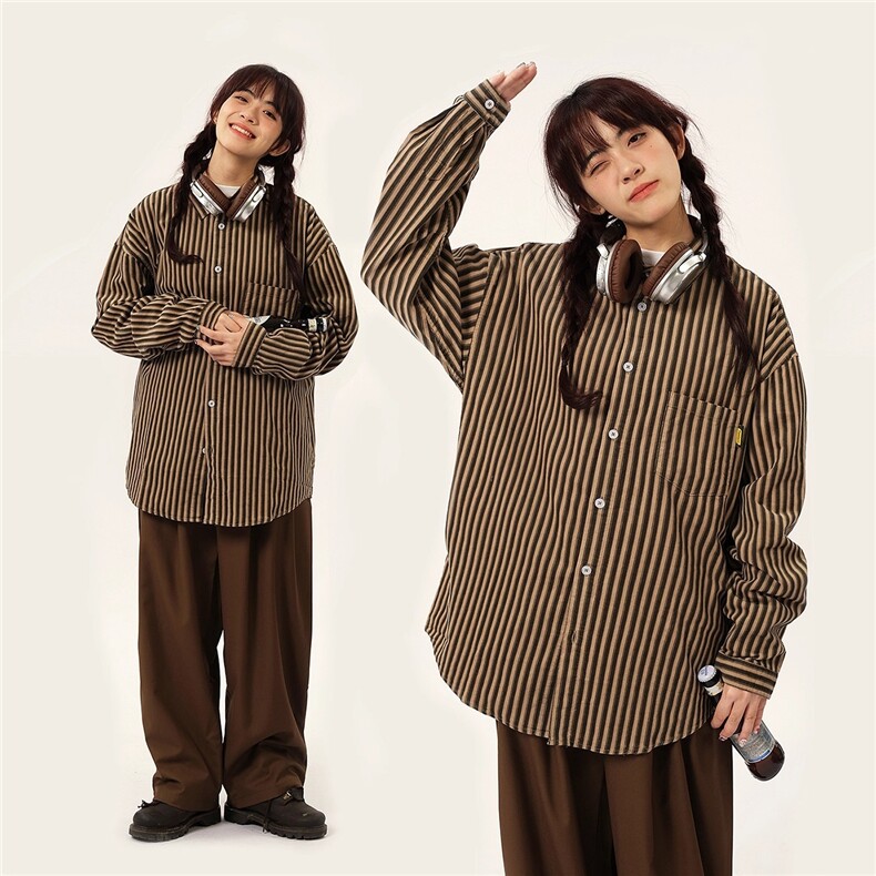 春秋潮牌复古衬衫男日系情侣宽松条纹美拉德长袖衫外套图片