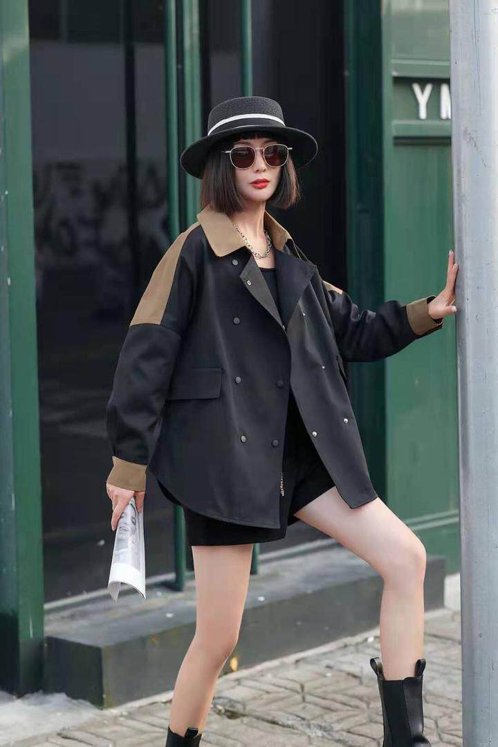 撞色拍接风衣外套，女装风衣，简妮依魅