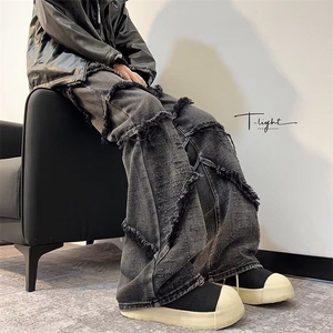 青少年美式复古水洗拼接毛边牛仔裤男直筒微弹春秋7666P62