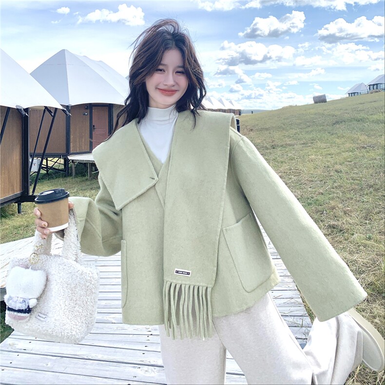 新款！冬装撞色配围巾双面羊毛呢大衣2C133-8982-P265-K378,女装毛呢外套,2C133