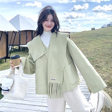 新款！冬装撞色配围巾双面羊毛呢大衣2C133-8982-P265-K378，女装毛呢外套，2C133