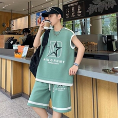 两件套套装男士无袖T恤字母帅气百搭2025夏季ins短裤W6564-P69，男装休闲套装，星座412-2