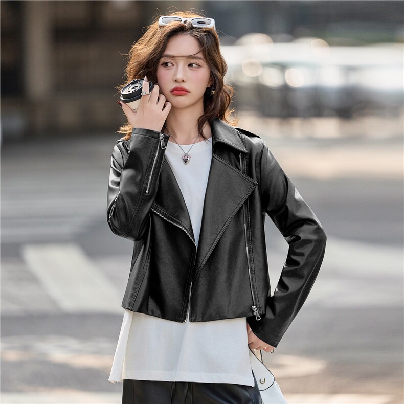 时尚拉链西装翻领皮衣外套女2025秋季新款修身显瘦气质机车风夹克,女装皮衣,臻衣坊