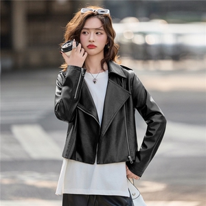 时尚拉链西装翻领皮衣外套女2025秋季新款修身显瘦气质机车风夹克图片