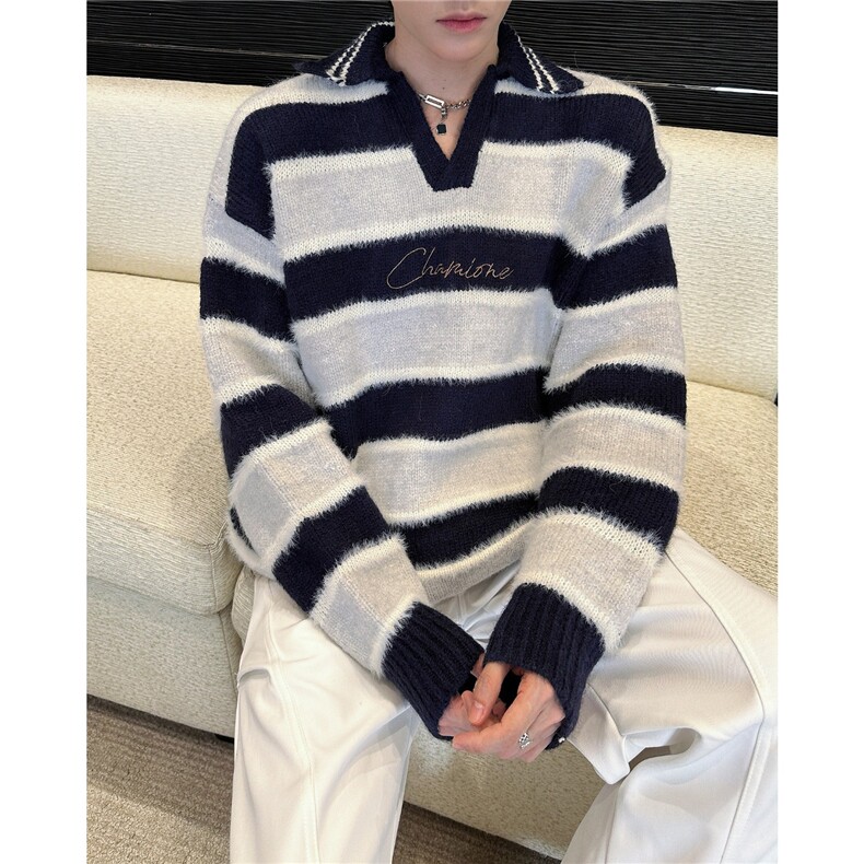秋冬美式复古宽松潮牌高街条纹撞色v领针织衫翻领毛衣男潮流宽松，男装针织衫/毛衣，星座516A