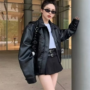 美式复古短款皮衣外套女士宽松小个子设计感机车服秋季新品皮夹克图片