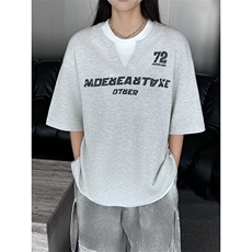 学院风撞色假两件V领短袖T恤男女设计感华夫格宽松美式高街半袖，男装T恤，四季星座505