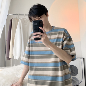 C396-P38 2024夏季新款撞色彩虹条纹t恤男潮牌百搭宽松短袖 现货图片