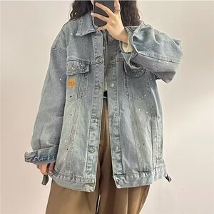 复古高街泼墨牛仔衬衫外套女春秋宽松情侣夹克上衣网图JK2101-P68图片