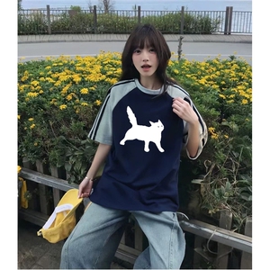 抖音得物品质二开240克宽松纯棉美式潮牌插肩三杠织带短袖T恤图片