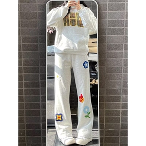 刺绣弯刀卫裤男女夏季新款微喇叭宽松直筒裤运动休闲裤X101-P40图片