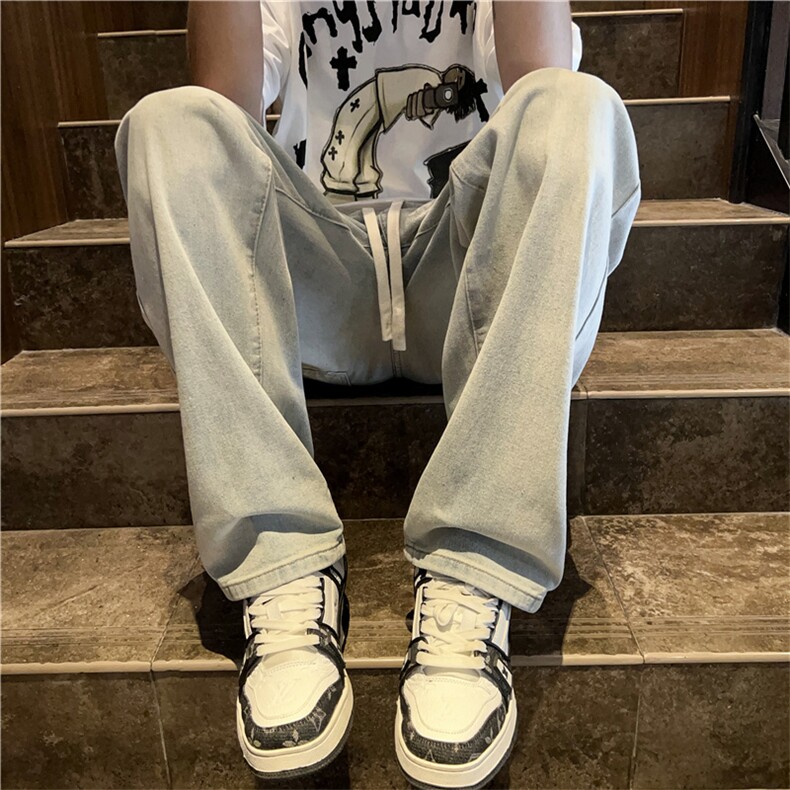 美式黄泥牛仔裤男夏季薄款抽绳松紧宽松水洗直筒长裤子N01661-P39,男装牛仔裤,星座308B-2