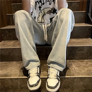 美式黄泥牛仔裤男夏季薄款抽绳松紧宽松水洗直筒长裤子N01661-P39图片