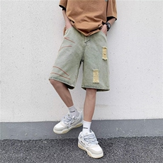 泥黄色破洞牛仔短裤男夏美式痞帅五分ins潮牌休闲裤子RK2753-P33，男装牛仔裤，星座412-2