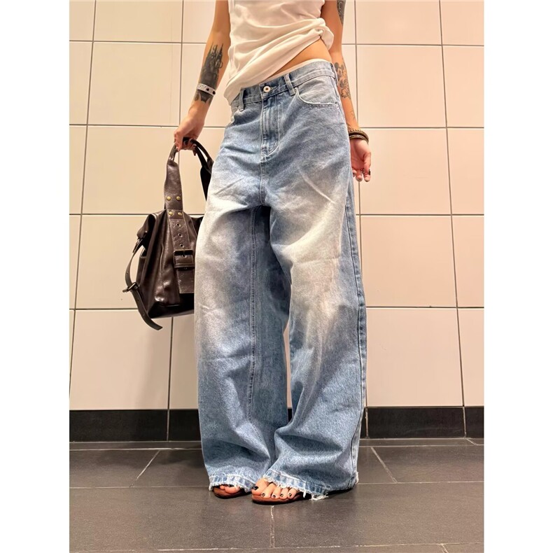 美式复古街头水洗直筒牛仔裤女新款宽松阔腿拖地裤潮LN15266-p55，男装牛仔裤，星座1008