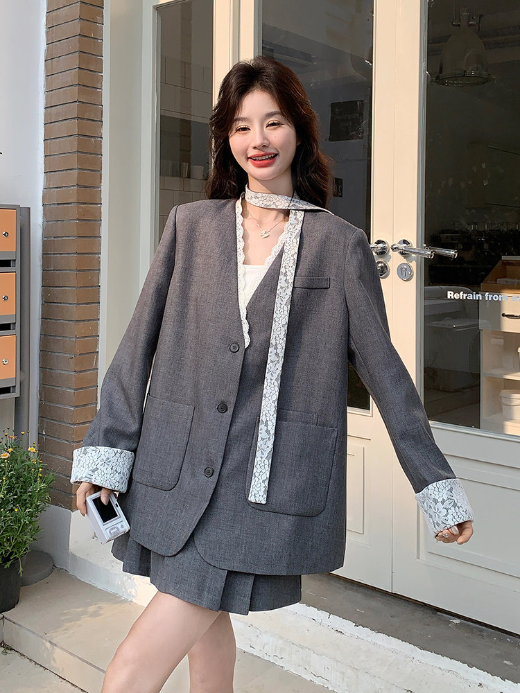 小香风灰色蕾丝拼接西装套装裙女春秋2025新款两件套独特绝气,女装套装/套裙,浙宝192（原082）