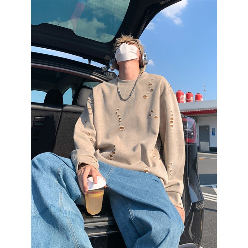 美式破洞长袖圆领卫衣休闲宽松日常基础款男W4676-P48【特价】,男装卫衣,电商A007