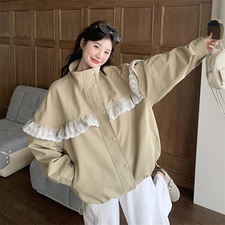 韩系甜美风蕾丝拼接风衣女2025春夏小众设计感宽松落肩休闲短外套,女装短外套,2C050