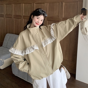 韩系甜美风蕾丝拼接风衣女2025春夏小众设计感宽松落肩休闲短外套图片