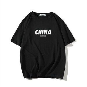 2024夏季新款宽松大码港风CHINA印花运动短袖纯棉T恤T1916-P22图片