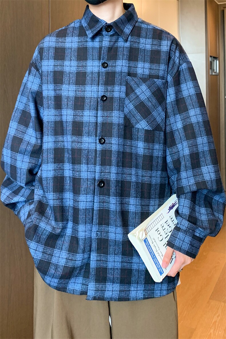8XL-M格子衬衫男长袖秋季美式复古潮宽松衬衣外套CS516P55控78,男装衬衫,电商D206-1