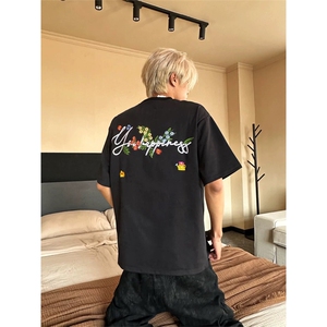 网图有货 美式花体字母彩绣短袖花卉刺绣T恤男女情侣上衣A479-P35图片