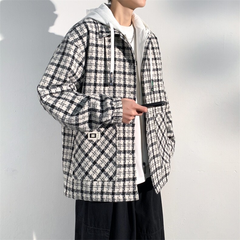 黑白棋盘格连帽冲锋夹克新款宽松防风情侣装外套A406JK6011P90,男装夹克,星座309（原A406）
