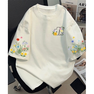 高街青少年花卉字母印花重磅短袖T恤男女夏季宽松百搭上衣 TA1314图片