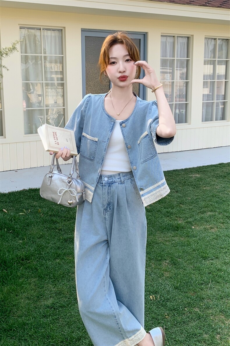 蓝色蕾丝拼接牛仔套装裙女夏季2025新款气质休闲上衣阔腿裤两件套,女装套装/套裙,2C159