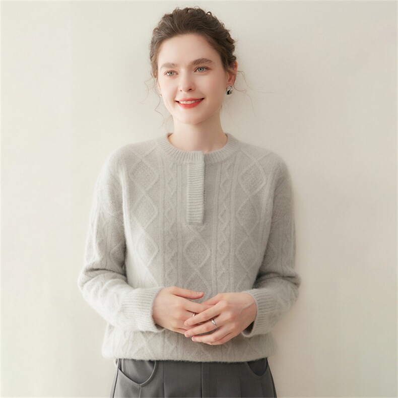 2025年秋季新款菱格纹肌亨利领针织毛衣时尚休闲通勤，女装羊绒衫，澳煜绒