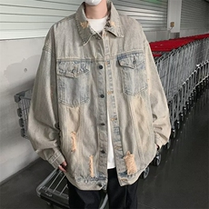 水洗做旧牛仔外套男春秋破洞美式复古痞帅休闲夹克J8836-P65，男装工装外套，星座1001-1