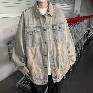水洗做旧牛仔外套男春秋破洞美式复古痞帅休闲夹克 J8836-P65图片