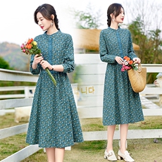 高端纯棉碎花连衣裙女长袖2026春季新款淑女气质收腰显瘦印花长裙，女装连衣裙，倪叶myz