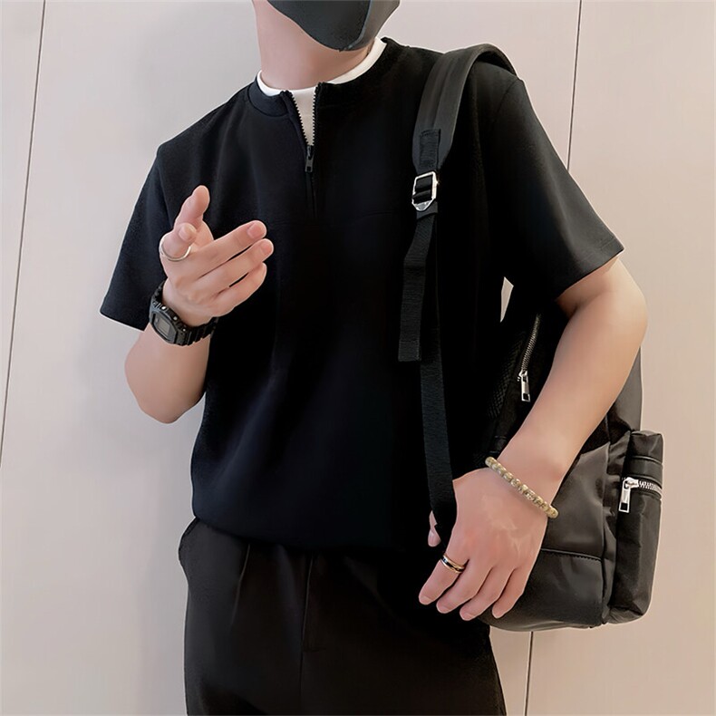 8972/P58控78夏季小伙假两件半拉链短袖T恤男轻奢老钱风上衣黑色2,男装T恤,星座305B