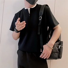 8972/P58控78夏季小伙假两件半拉链短袖T恤男轻奢老钱风上衣黑色2，男装T恤，星座305B