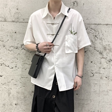 到货夏装2024风新中式复古油画翠竹刺绣男女小众休闲短袖衬衫，男装T恤，星座909
