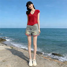 时尚简约套装女夏收腰显瘦撞色拼接短袖针织衫破洞牛仔短裤两件套，女装套装/套裙，江南