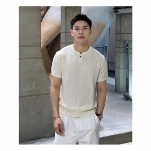 网格肌理老钱风亨利领纹理感针织衫短袖T恤25137/P55图片