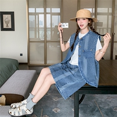 蓝色牛仔马甲短裤套装女2025夏季新款韩系宽松休闲洋气减龄两件套，女装套装/套裙，2C112