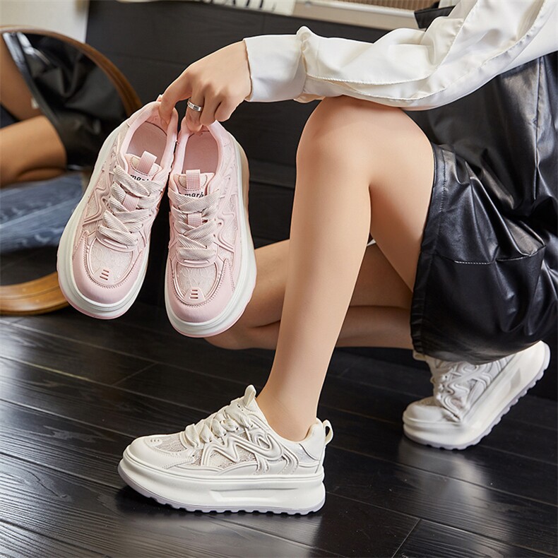 真皮小白鞋女2024夏季新款透气网面运动板鞋休闲百搭厚底增高女鞋,女鞋休闲鞋,电商A223