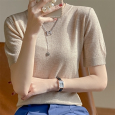 精纺100纯羊毛针织短袖T恤女夏季薄款宽松显瘦简约韩版百搭打底衫，女装羊毛衫，美轩羊绒