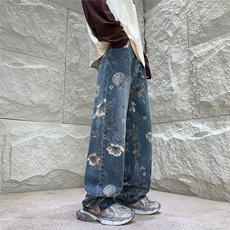 美式复古花卉牛仔裤男春季潮牌高街vintage阔腿直筒宽松休闲裤子，男装牛仔裤，星座1001-1